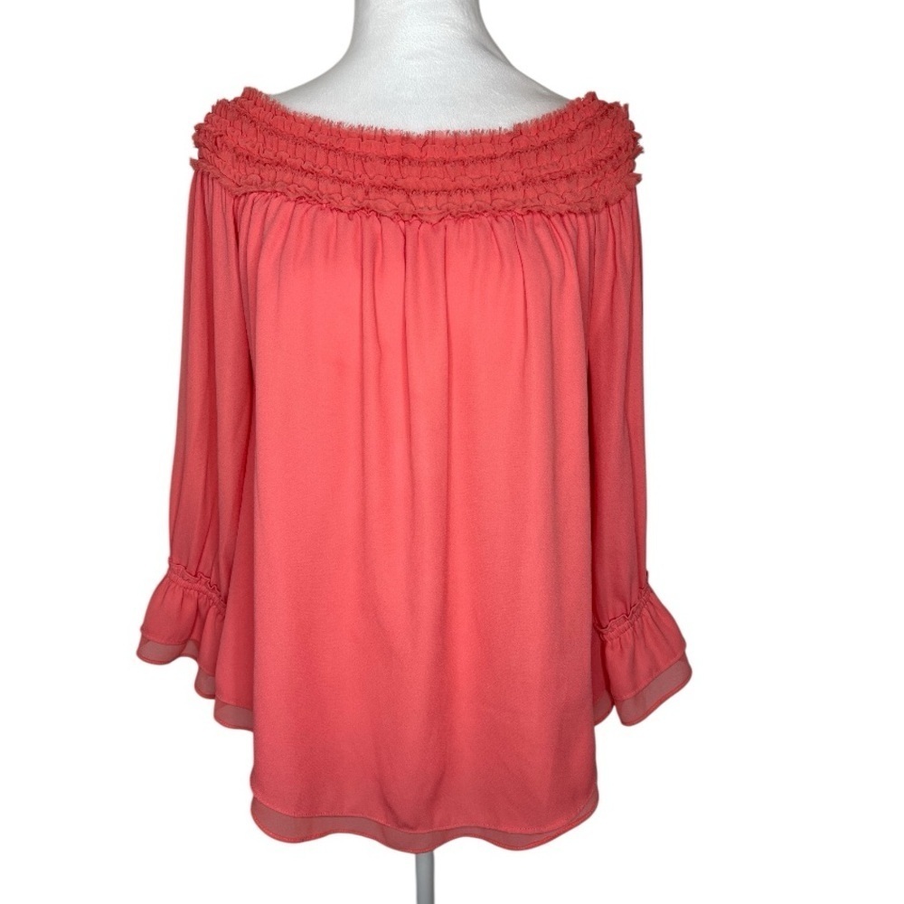 White House Black Market Blouse Off Shoulder Ruffle Smocked Chiffon Boho Medium - Picture 3 of 11